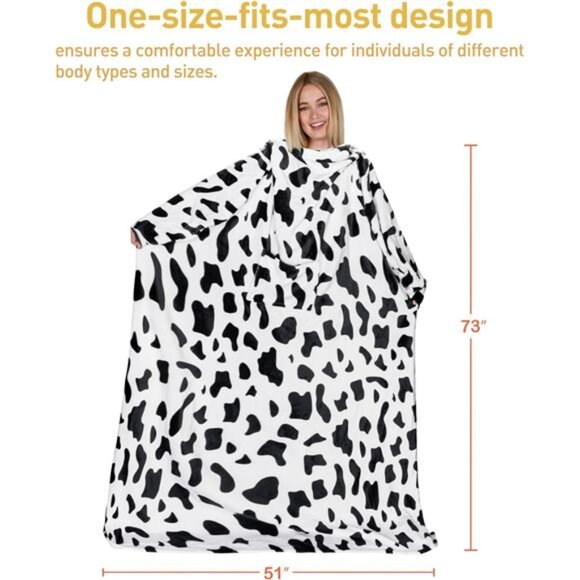Cow Print Wearable Blanket with Sleeves and Pocket, Cozy Soft Fleece Mink Plush - Picture 6 of 7